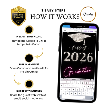 2026 Graduation Party Video Invitation | Digital Pink Graduation Invite | Editable Online RSVP Evite Canva Template