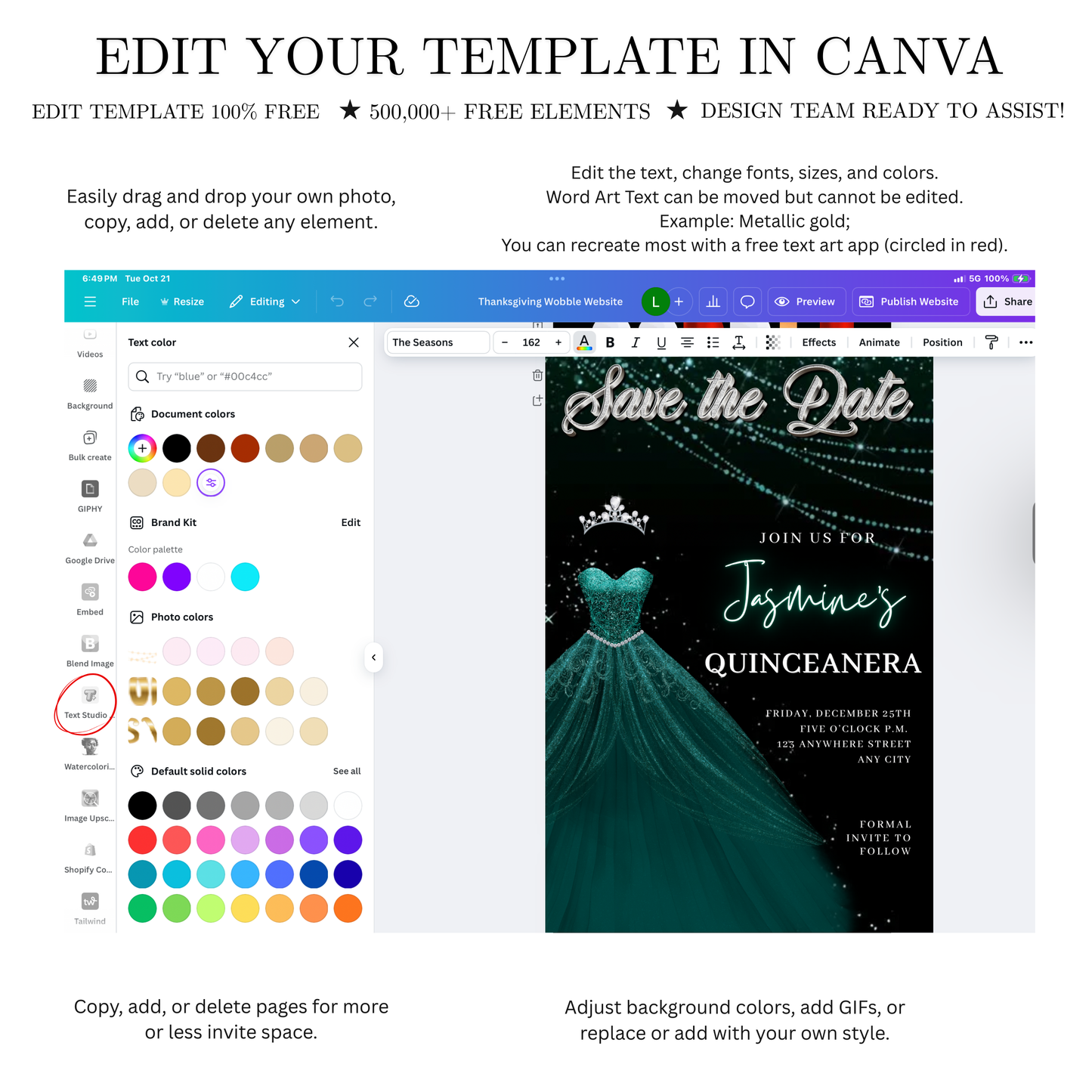 Teal Green Quinceanera Video Invite | Sweet 15 16 Quince RSVP Tracker | Editable Save the Date Canva Evite Template