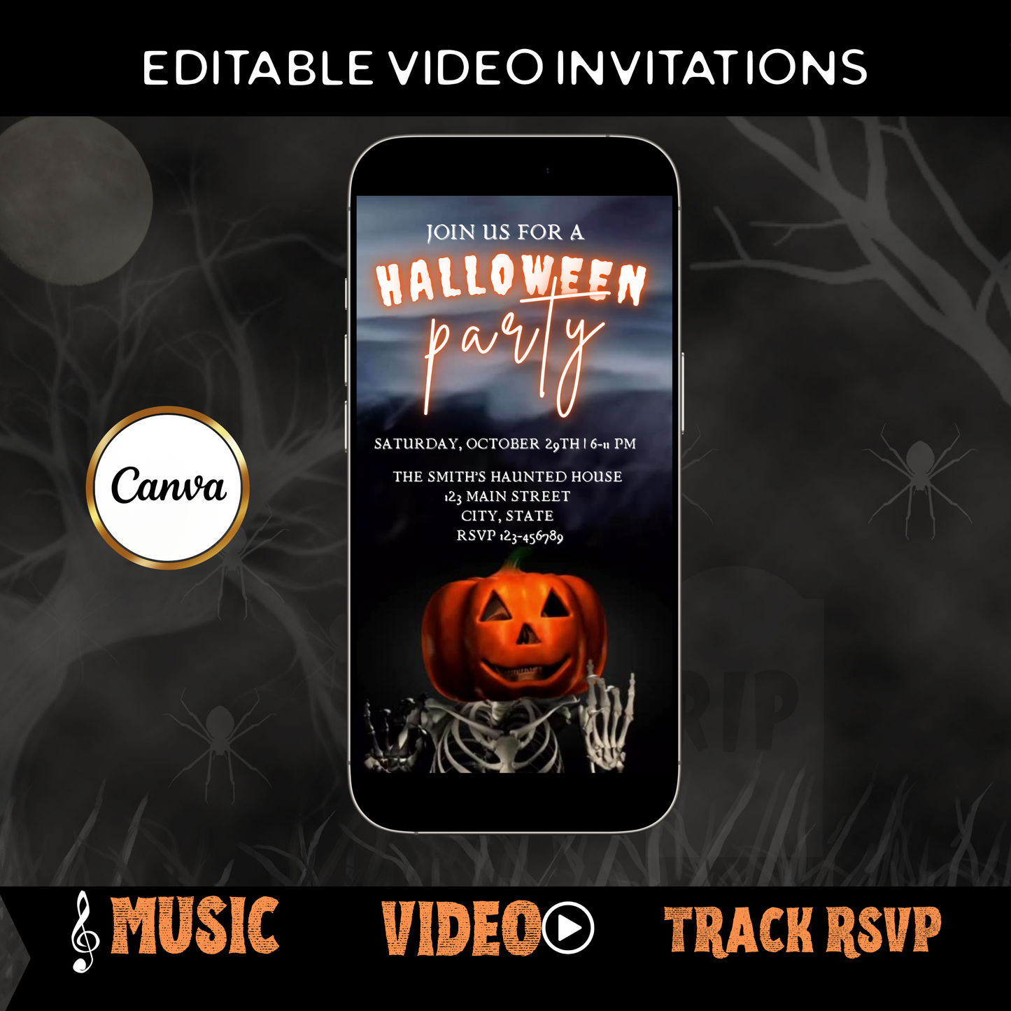 Halloween Video Invitation | Animated Halloween Digital Evite | Editable Canva Invite Template