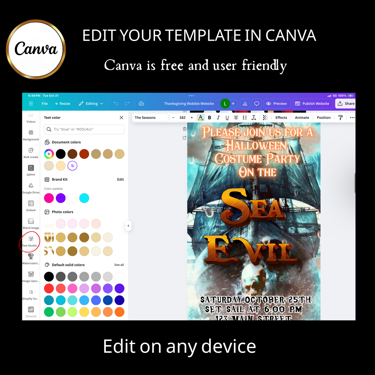 Halloween-Videoeinladung, animierte Einladung mit einem unheimlichen Seeschiff, bearbeitbare mobile Halloween-Partyeinladung