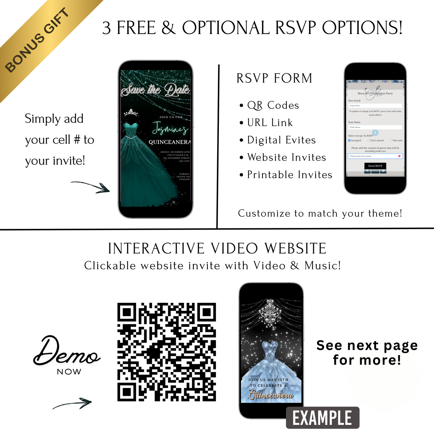 Teal Green Quinceanera Video Invite | Sweet 15 16 Quince RSVP Tracker | Editable Save the Date Canva Evite Template