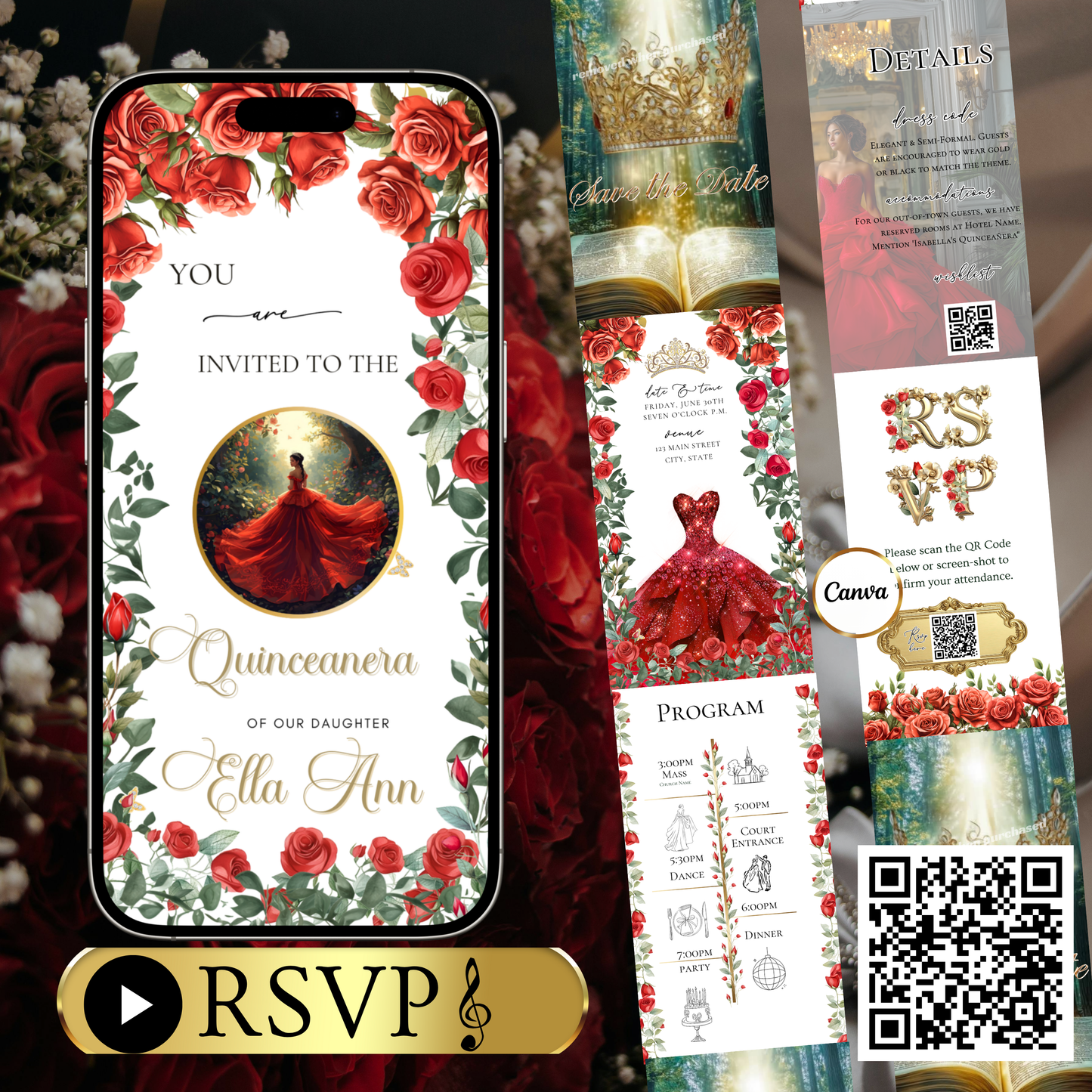 Videoeinladung zur Quinceañera mit roten Rosen | Digitale Einladung zur Quinceañera | Bearbeitbare Canva-Vorlage