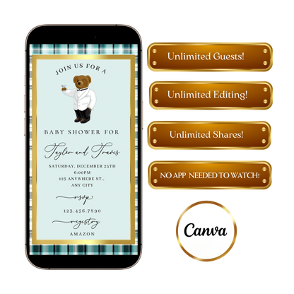Polo Bear Baby Shower Video Invitation | Digital Tiffany Blue Plaid Invite | Editable Canva Template