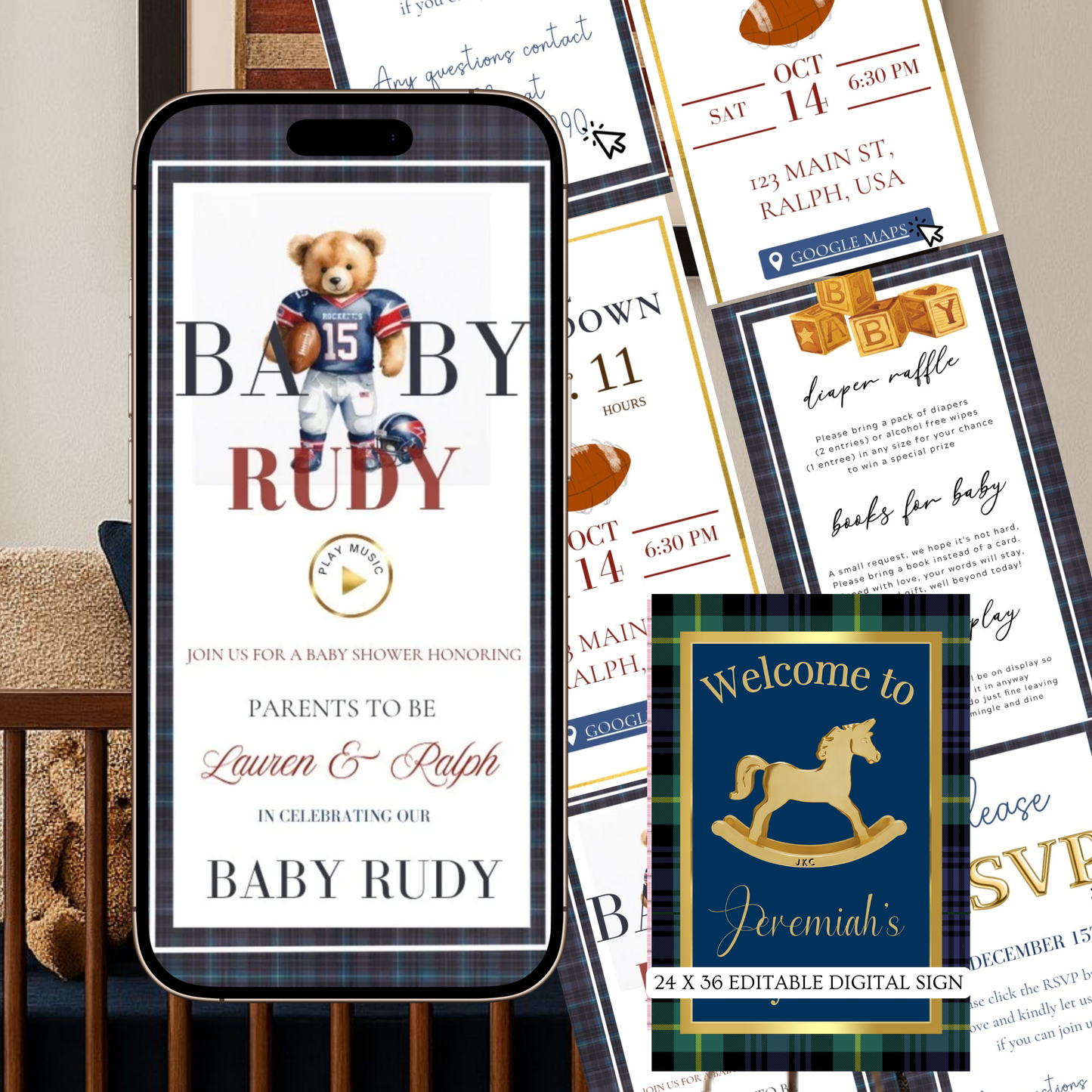Football Polo Bear Baby Shower Invitation Website | Animated Baby Shower Invite with Rsvp tracking