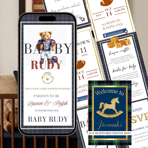 Football Polo Bear Baby Shower Invitation Website | Animated Baby Shower Invite with Rsvp tracking