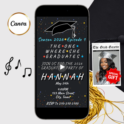 Friends Graduation Party Video Invitation | Digital Graduation Announcement Invite | Editable Canva Evite Template