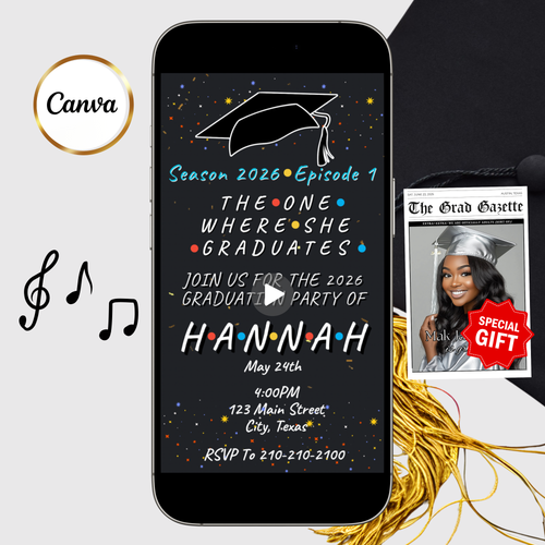 Friends Graduation Party Video Invitation | Digital Graduation Announcement Invite | Editable Canva Evite Template