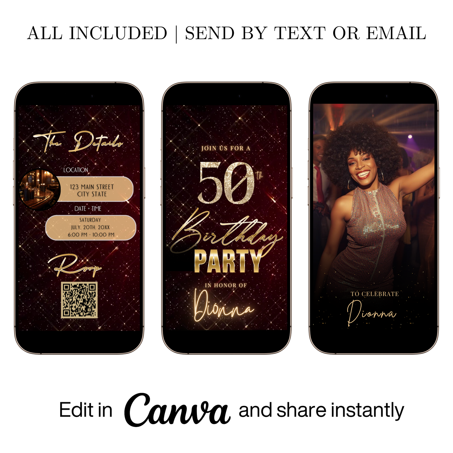 Editable burgundy sparkly 50th birthday video invitation displayed on a mobile phone, featuring an animated vertical digital invite with music, created in Canva. This premium video invitation template is designed for sharing by text, email, and social media and works with an interactive RSVP website for easy guest response tracking.