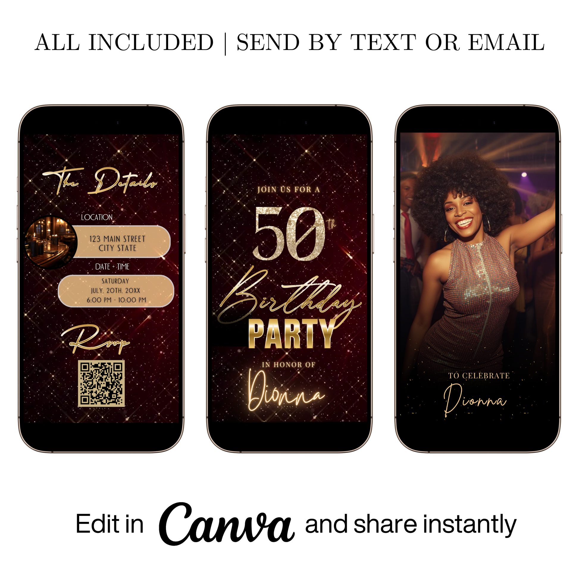 Editable burgundy sparkly 50th birthday video invitation displayed on a mobile phone, featuring an animated vertical digital invite with music, created in Canva. This premium video invitation template is designed for sharing by text, email, and social media and works with an interactive RSVP website for easy guest response tracking.