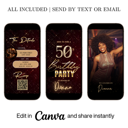 Editable burgundy sparkly 50th birthday video invitation displayed on a mobile phone, featuring an animated vertical digital invite with music, created in Canva. This premium video invitation template is designed for sharing by text, email, and social media and works with an interactive RSVP website for easy guest response tracking.