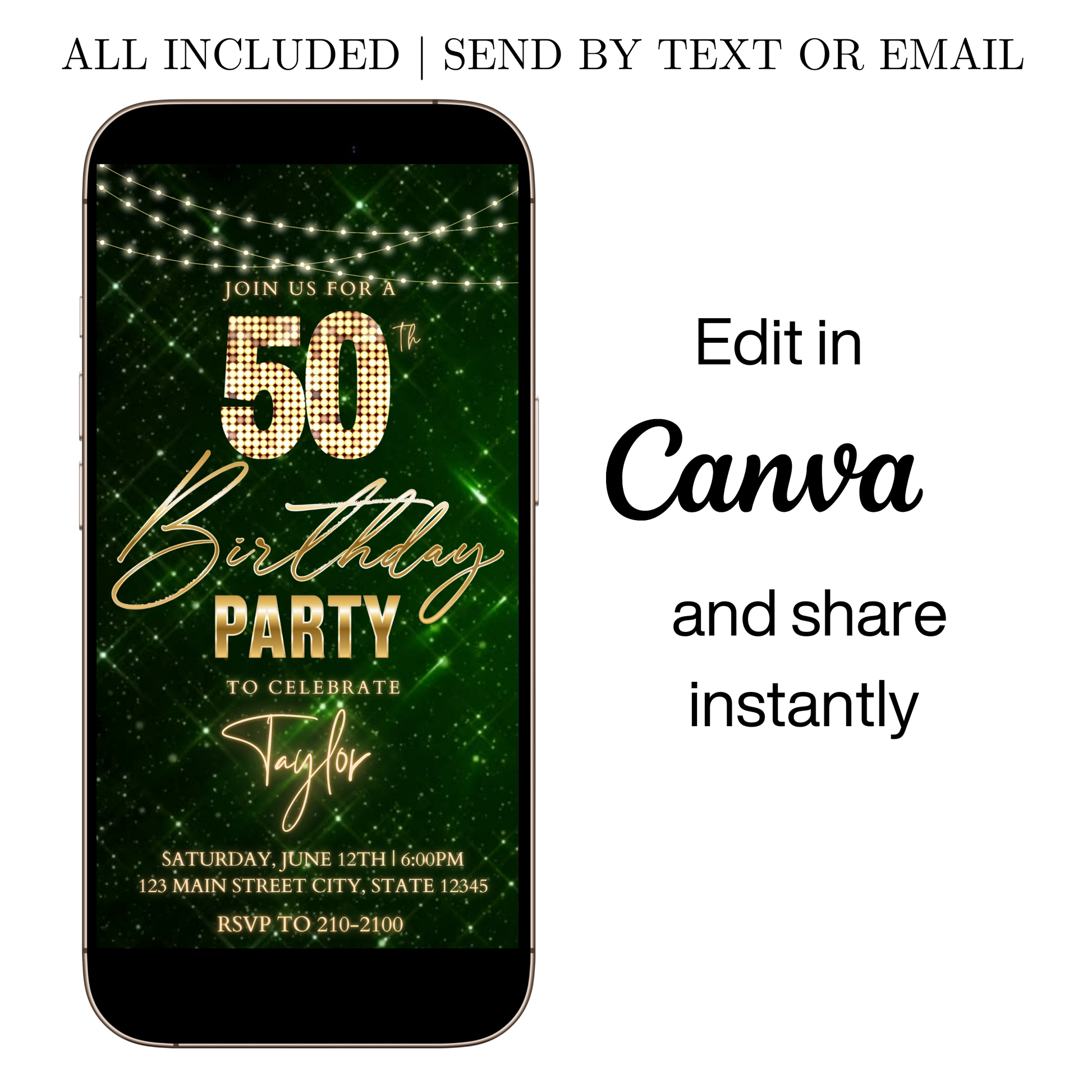 Editable burgundy gold luxury 50th birthday video invitation displayed on a mobile phone, featuring an animated vertical digital invite with music, created in Canva. This premium video invitation template is designed for sharing by text, email, and social media and works with an interactive RSVP website for easy guest response tracking.