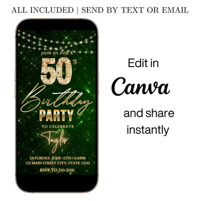 Editable burgundy gold luxury 50th birthday video invitation displayed on a mobile phone, featuring an animated vertical digital invite with music, created in Canva. This premium video invitation template is designed for sharing by text, email, and social media and works with an interactive RSVP website for easy guest response tracking.