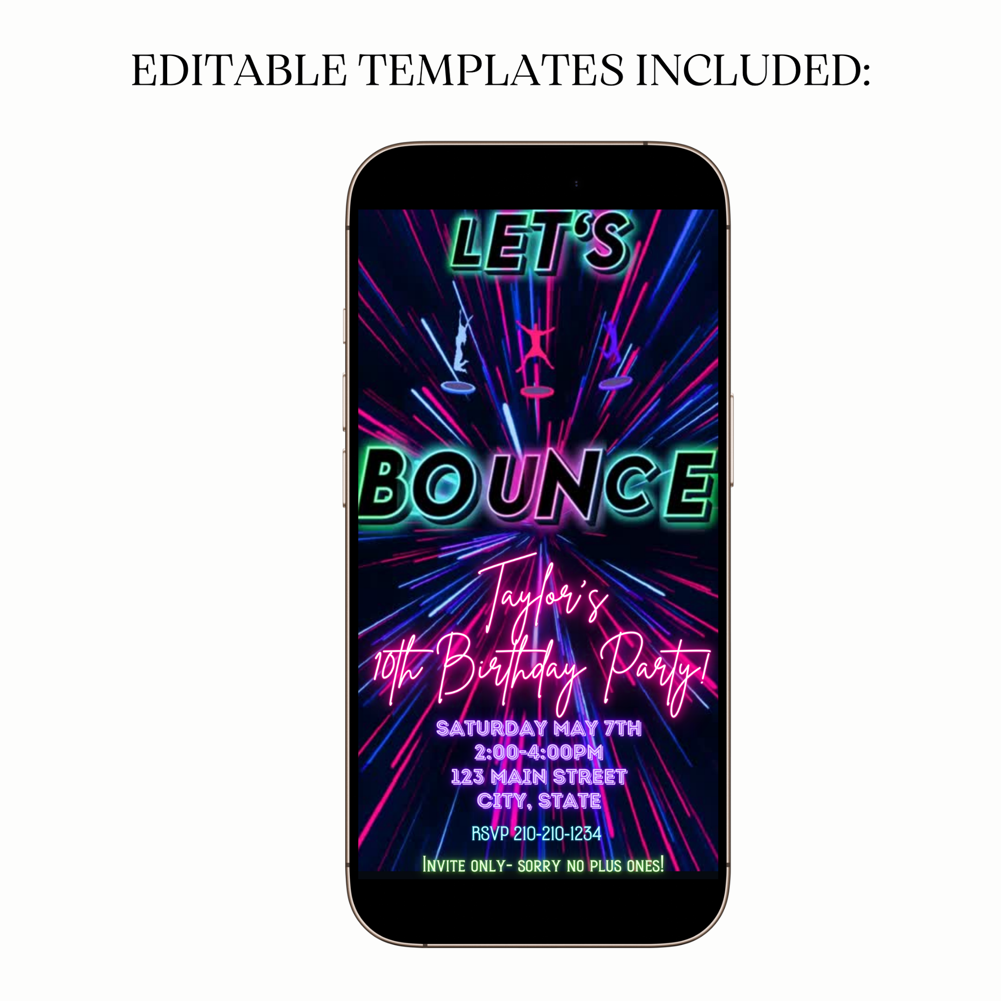 Editable trampoline party video template with balloons and jump effects