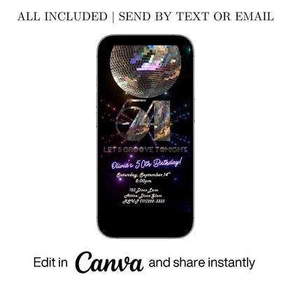 Editable disco mirror 54th birthday party video invitation displayed on a mobile phone, featuring an animated vertical digital invite with music, created in Canva. This premium video invitation template is designed for sharing by text, email, and social media and works with an interactive RSVP website for easy guest response tracking.