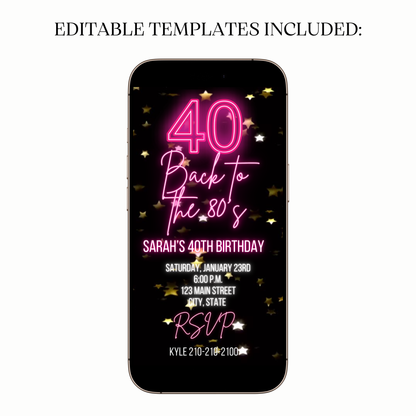 Flat lay with star confetti, candlelight, and phone showing invite
