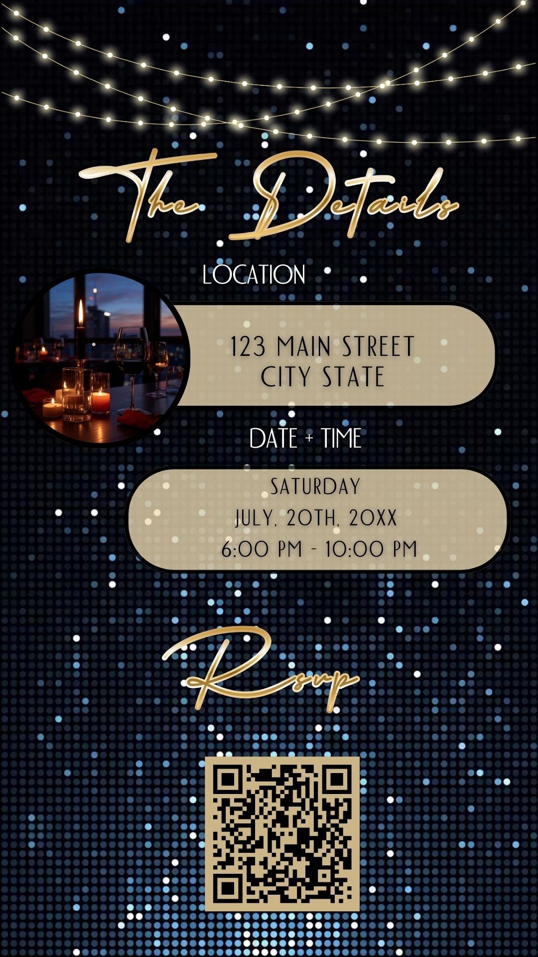 Editable gold stars 50th birthday party video invitation displayed on a mobile phone, featuring an animated vertical digital invite with music, created in Canva. This premium video invitation template is designed for sharing by text, email, and social media and works with an interactive RSVP website for easy guest response tracking.