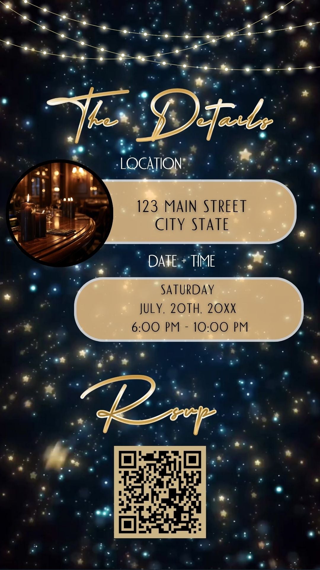 Editable teal gold star confetti 60th birthday birthday video invitation displayed on a mobile phone, featuring an animated vertical digital invite with music, created in Canva. This premium video invitation template is designed for sharing by text, email, and social media and works with an interactive RSVP website for easy guest response tracking.