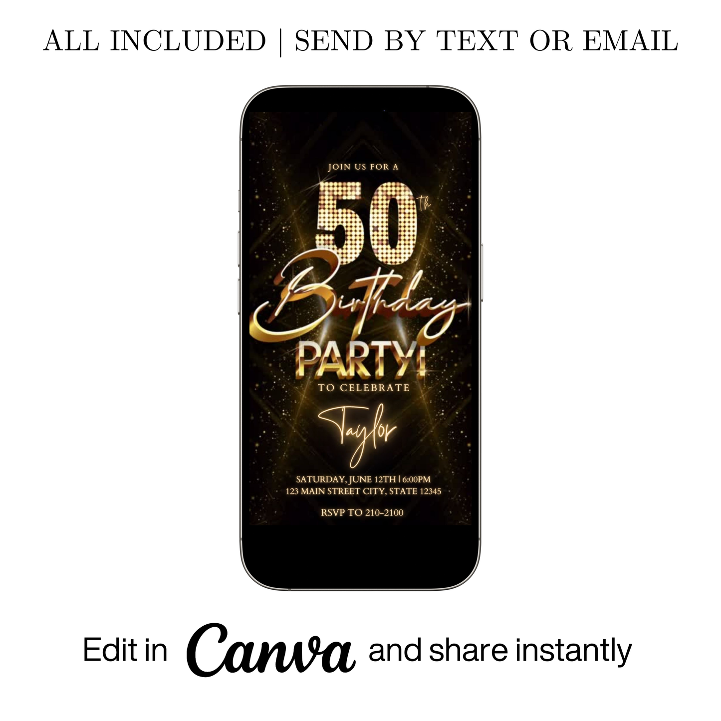 Editable gold glitter 50th birthday party video invitation displayed on a mobile phone, featuring an animated vertical digital invite with music, created in Canva. This premium video invitation template is designed for sharing by text, email, and social media and works with an interactive RSVP website for easy guest response tracking.