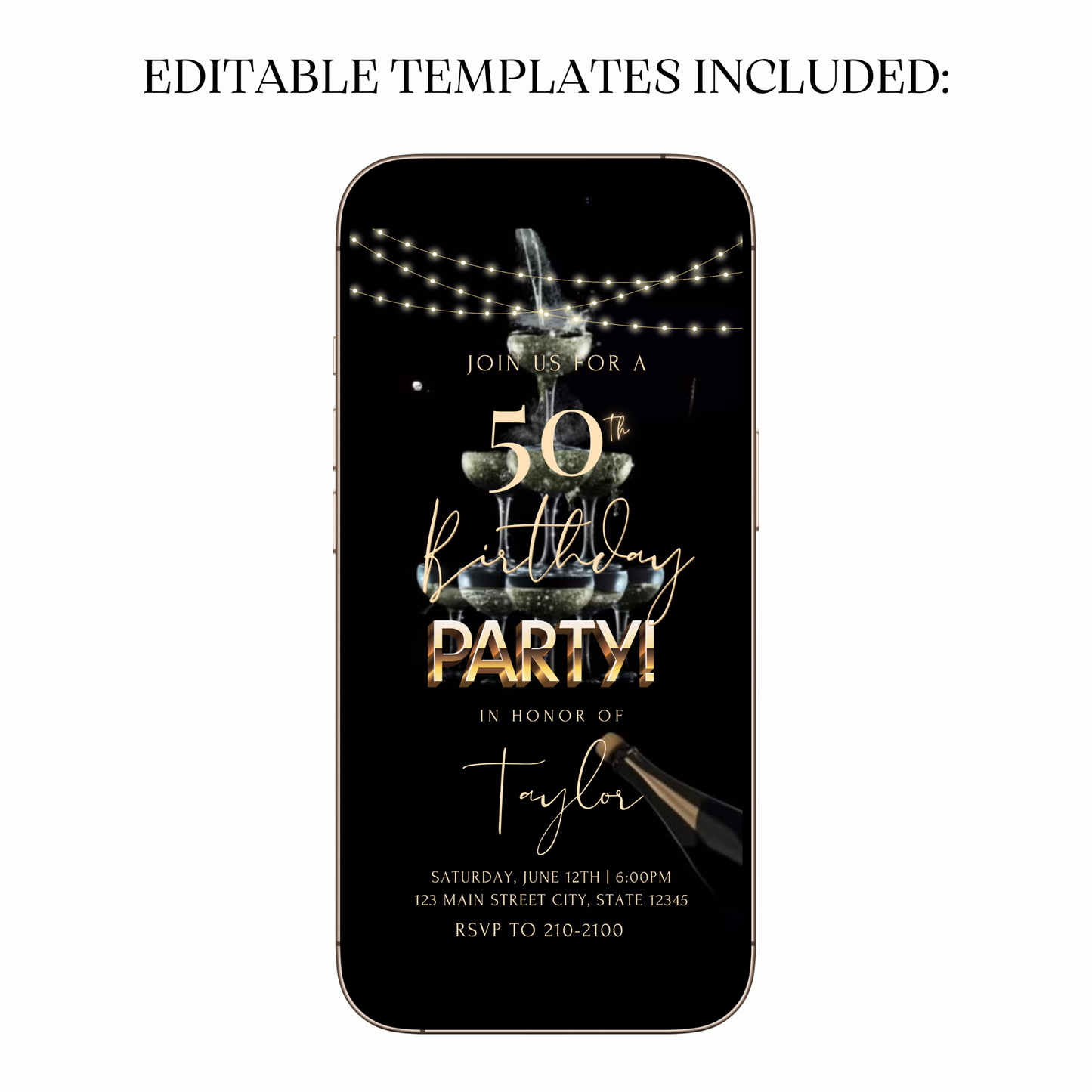 Black and gold with champagne tower Digital Video Invitation for Mobile Sharing