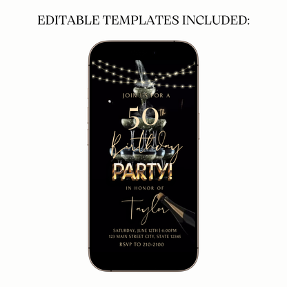 Black and gold with champagne tower Digital Video Invitation for Mobile Sharing