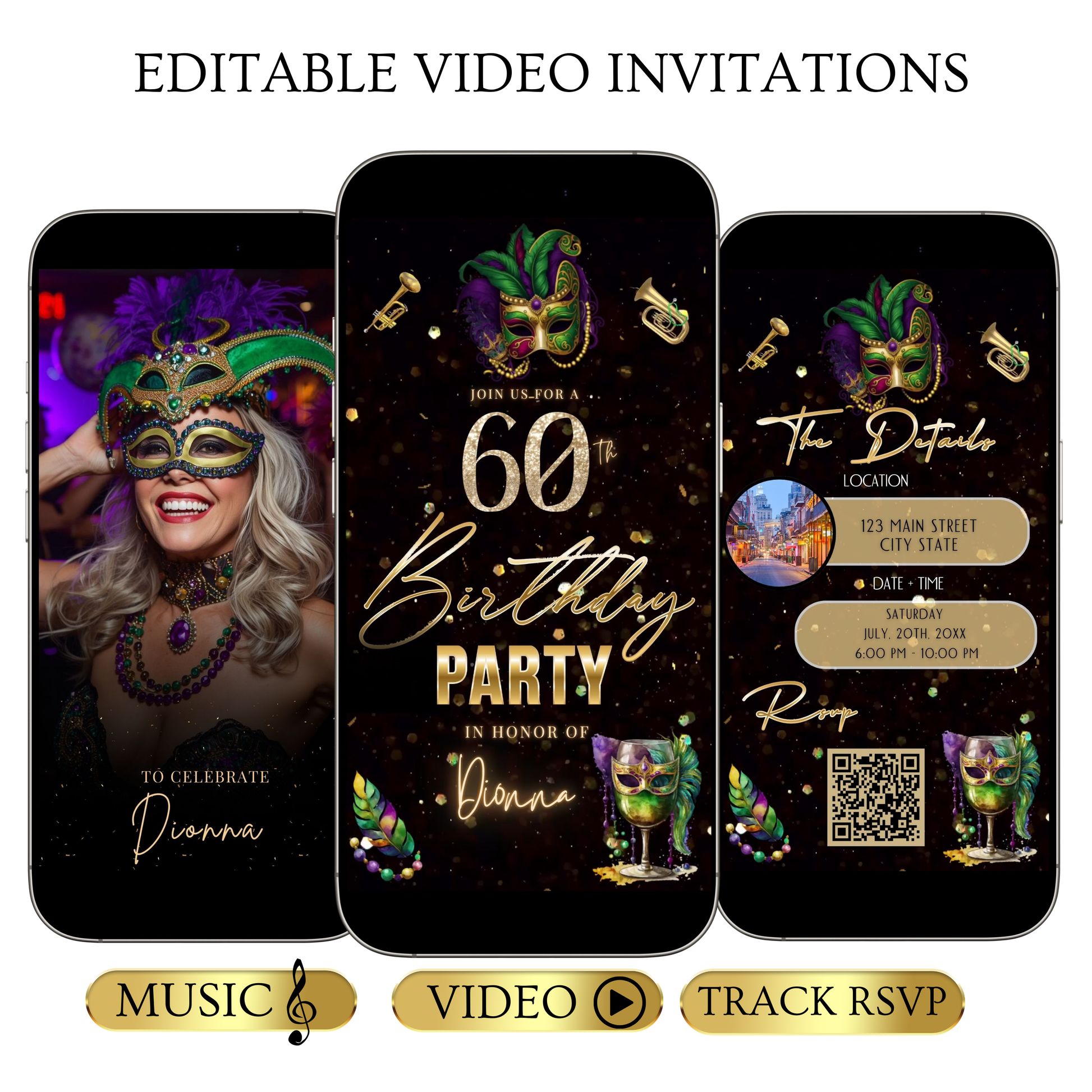 Editable masquerade mardi gras 60th birthday birthday video invitation displayed on a mobile phone, featuring an animated vertical digital invite with music, created in Canva. This premium video invitation template is designed for sharing by text, email, and social media and works with an interactive RSVP website for easy guest response tracking.