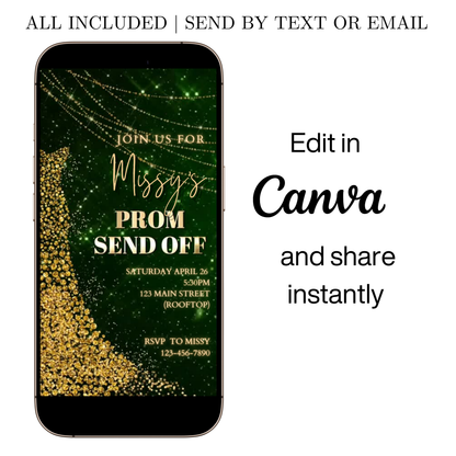 Editable green gold sparkle prom send off video invitation displayed on a mobile phone, featuring an animated vertical digital invite with music, created in Canva. This premium video invitation template is designed for sharing by text, email, and social media and works with an interactive RSVP website for easy guest response tracking.