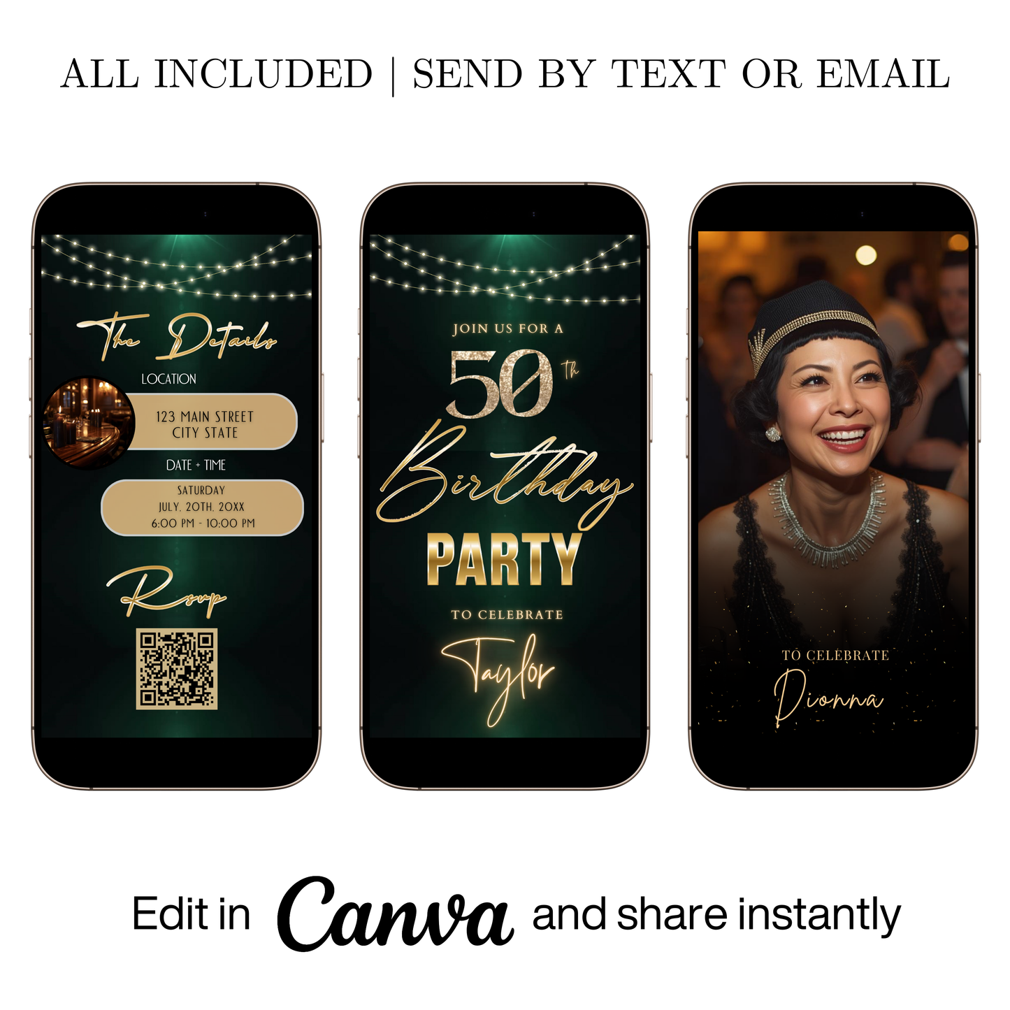 Editable dark green gold string lights 50th birthday video invitation displayed on a mobile phone, featuring an animated vertical digital invite with music, created in Canva. This premium video invitation template is designed for sharing by text, email, and social media and works with an interactive RSVP website for easy guest response tracking.