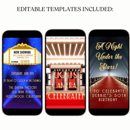 Animated red carpet Hollywood digital video party invitation