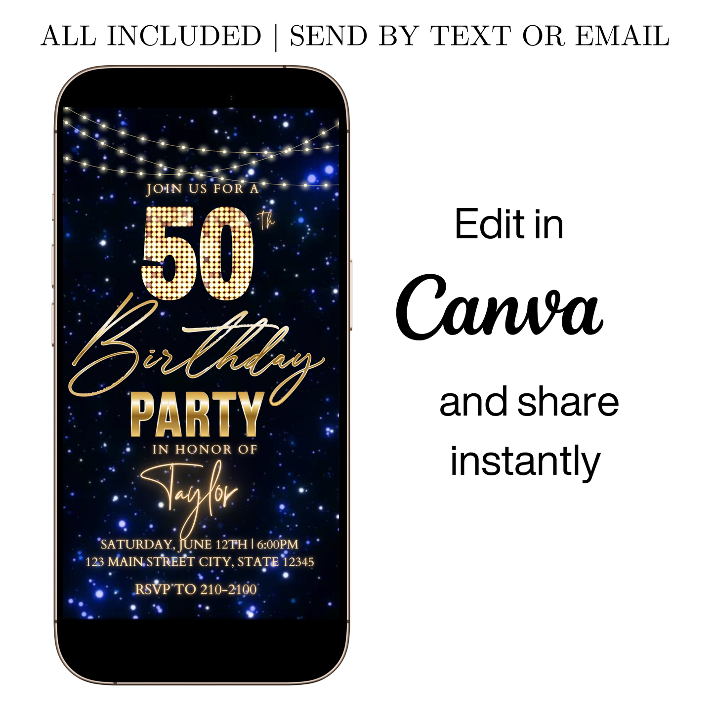 Editable gold black elegant 50th birthday video invitation displayed on a mobile phone, featuring an animated vertical digital invite with music, created in Canva. This premium video invitation template is designed for sharing by text, email, and social media and works with an interactive RSVP website for easy guest response tracking.