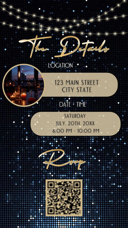 Editable blue sequin 50th birthday video invitation displayed on a mobile phone, featuring an animated vertical digital invite with music, created in Canva. This premium video invitation template is designed for sharing by text, email, and social media and works with an interactive RSVP website for easy guest response tracking.