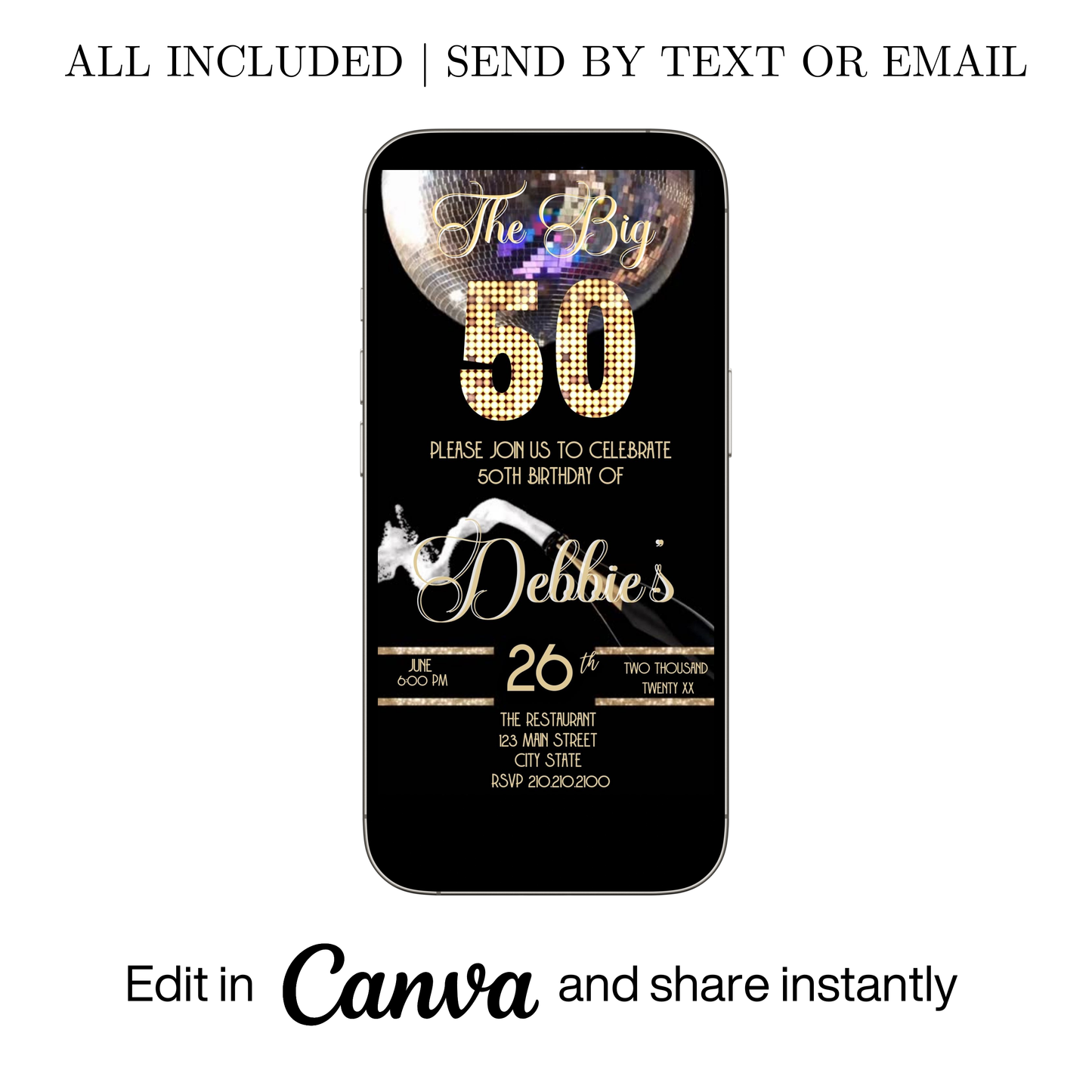 Editable black gold disco champagne 50th birthday video invitation displayed on a mobile phone, featuring an animated vertical digital invite with music, created in Canva. This premium video invitation template is designed for sharing by text, email, and social media and works with an interactive RSVP website for easy guest response tracking.