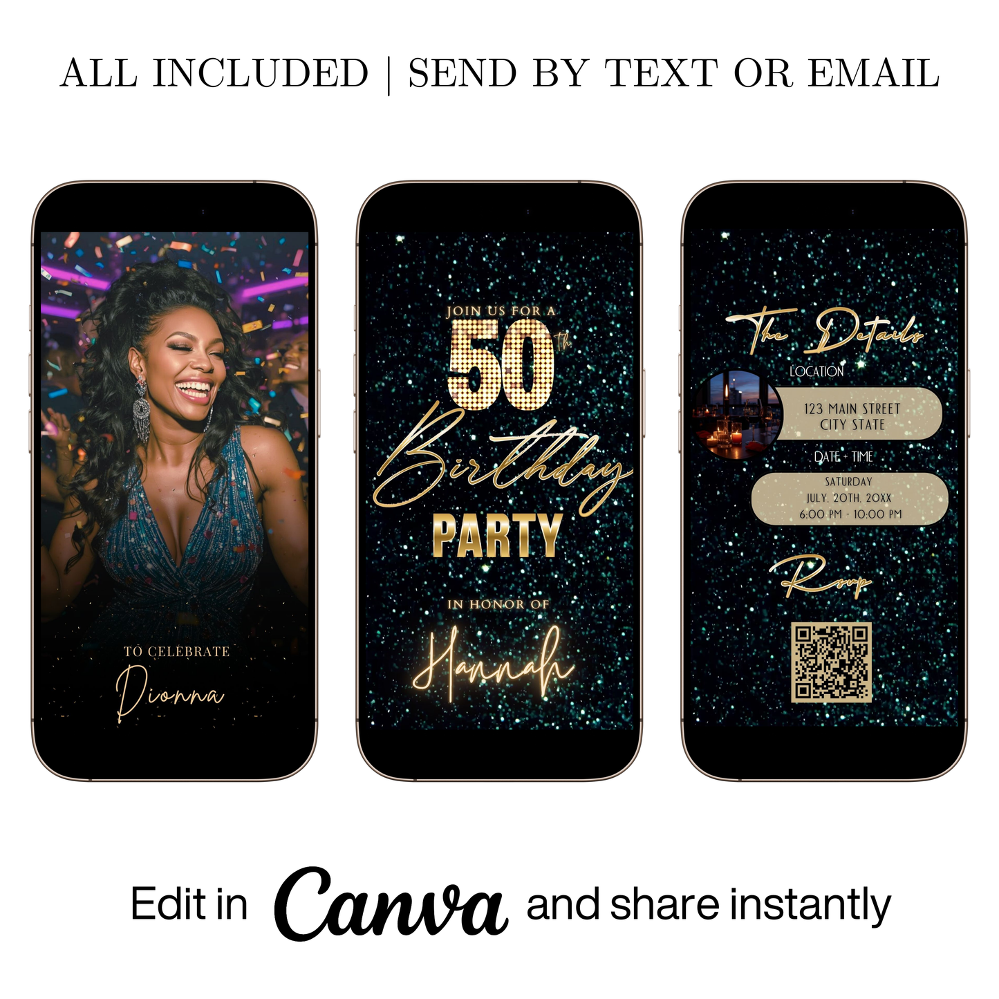 Editable teal green 50th birthday video invitation displayed on a mobile phone, featuring an animated vertical digital invite with music, created in Canva. This premium video invitation template is designed for sharing by text, email, and social media and works with an interactive RSVP website for easy guest response tracking.