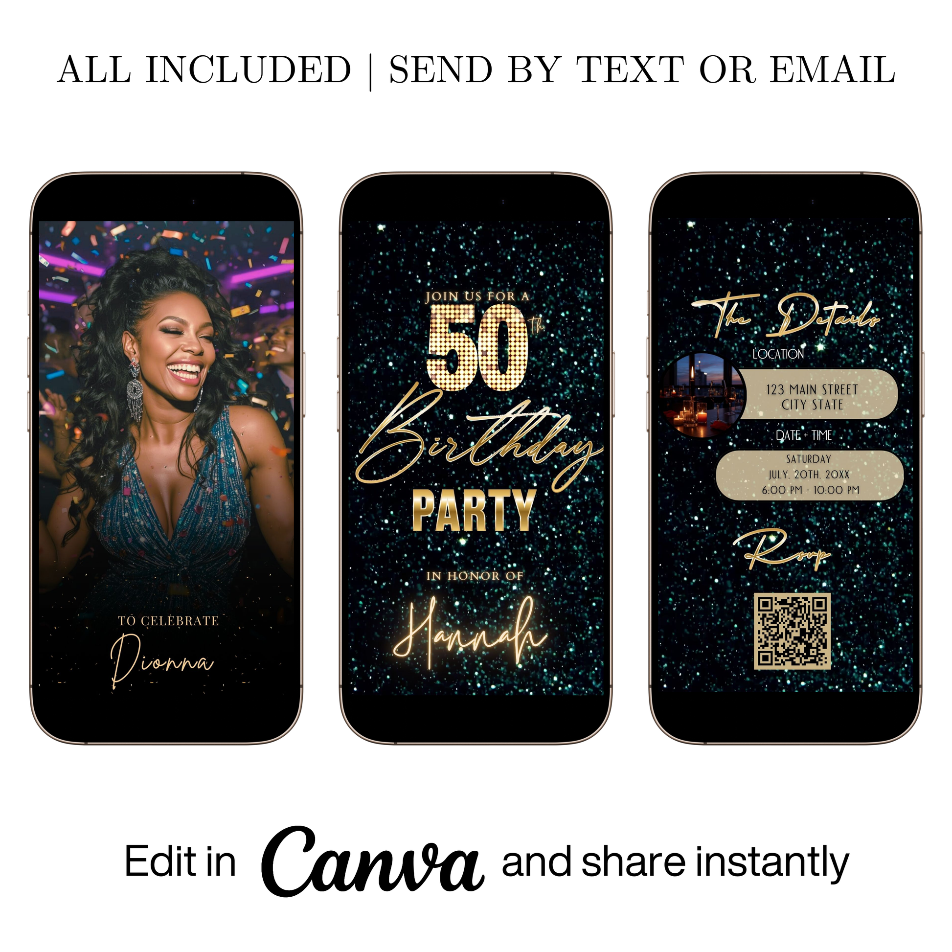 Editable teal green 50th birthday video invitation displayed on a mobile phone, featuring an animated vertical digital invite with music, created in Canva. This premium video invitation template is designed for sharing by text, email, and social media and works with an interactive RSVP website for easy guest response tracking.