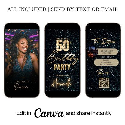 Editable teal green 50th birthday video invitation displayed on a mobile phone, featuring an animated vertical digital invite with music, created in Canva. This premium video invitation template is designed for sharing by text, email, and social media and works with an interactive RSVP website for easy guest response tracking.