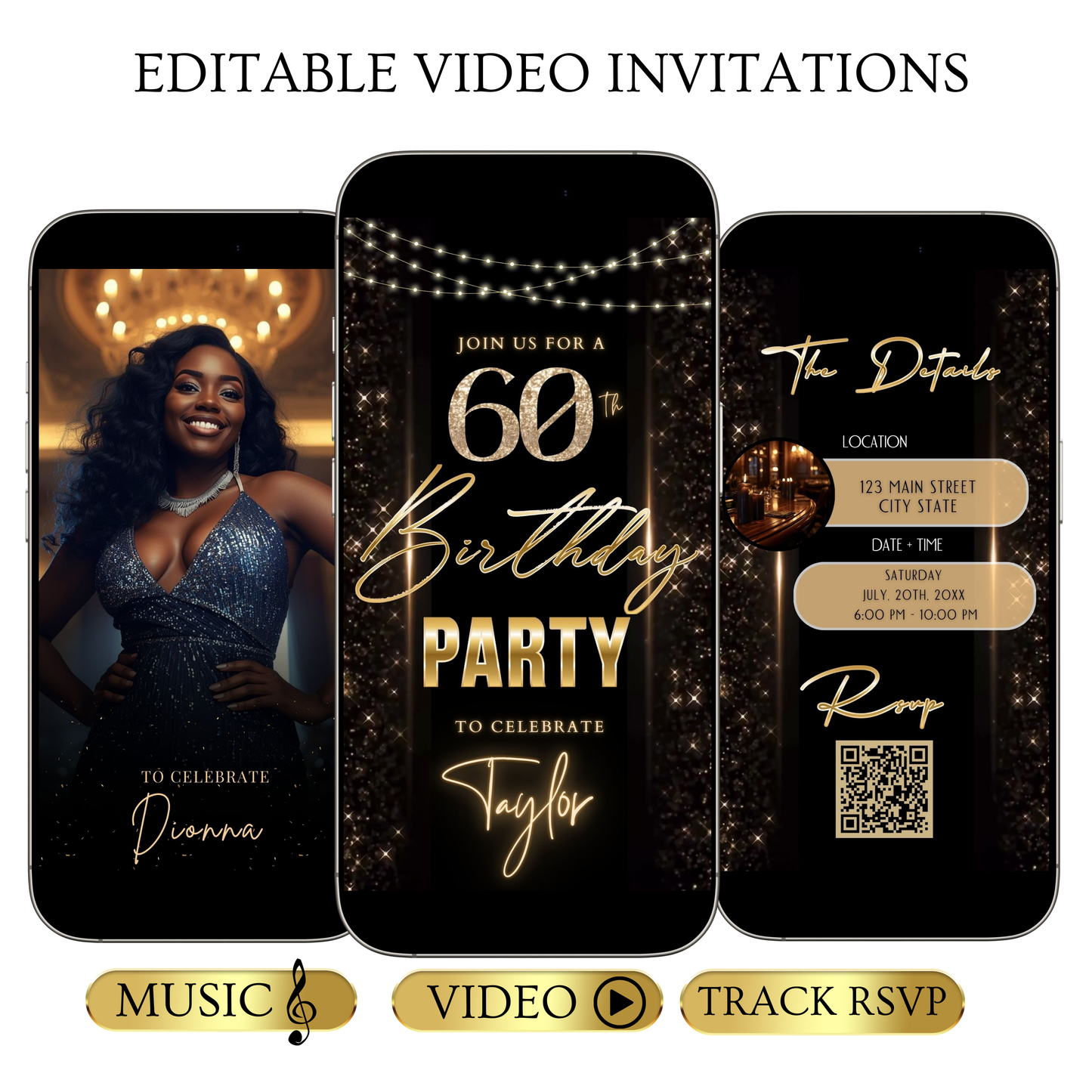 Editable black gold elegant 60th birthday birthday video invitation displayed on a mobile phone, featuring an animated vertical digital invite with music, created in Canva. This premium video invitation template is designed for sharing by text, email, and social media and works with an interactive RSVP website for easy guest response tracking.