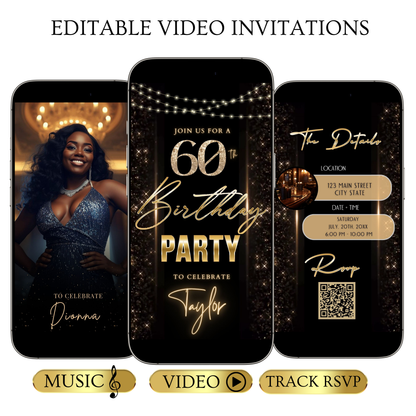 Editable black gold elegant 60th birthday birthday video invitation displayed on a mobile phone, featuring an animated vertical digital invite with music, created in Canva. This premium video invitation template is designed for sharing by text, email, and social media and works with an interactive RSVP website for easy guest response tracking.