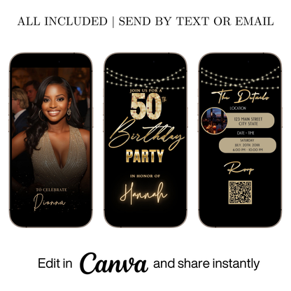 Editable gold stars 50th birthday party video invitation displayed on a mobile phone, featuring an animated vertical digital invite with music, created in Canva. This premium video invitation template is designed for sharing by text, email, and social media and works with an interactive RSVP website for easy guest response tracking.