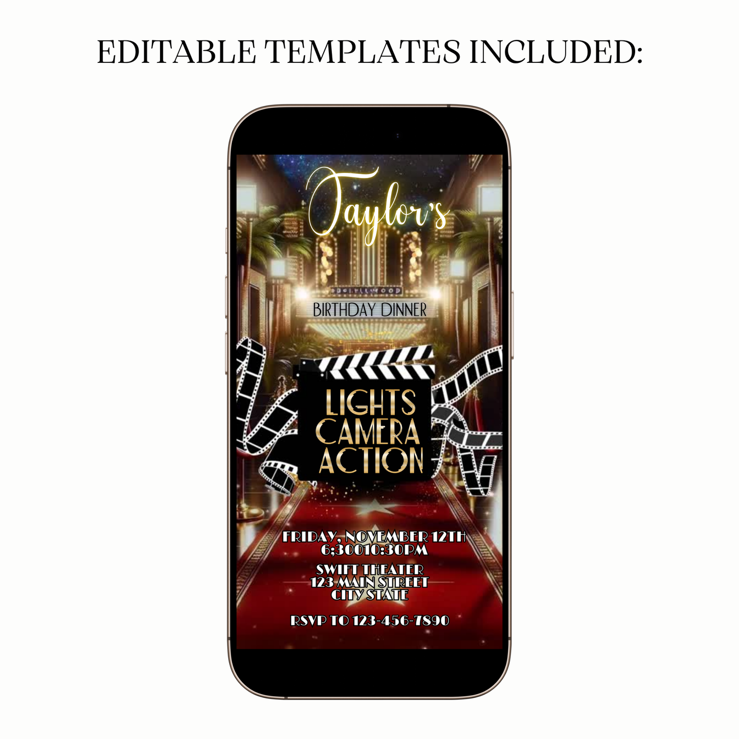 Red carpet dinner party video invitation shared on WhatsApp