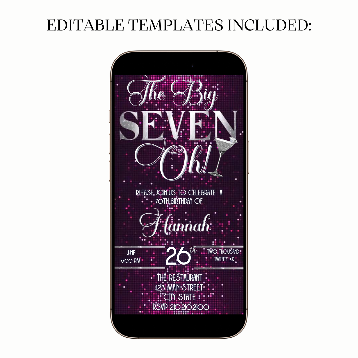 Glamorous 70th Birthday Video Invitation – Pink Sparkle & Silver Theme for Mobile Sharing