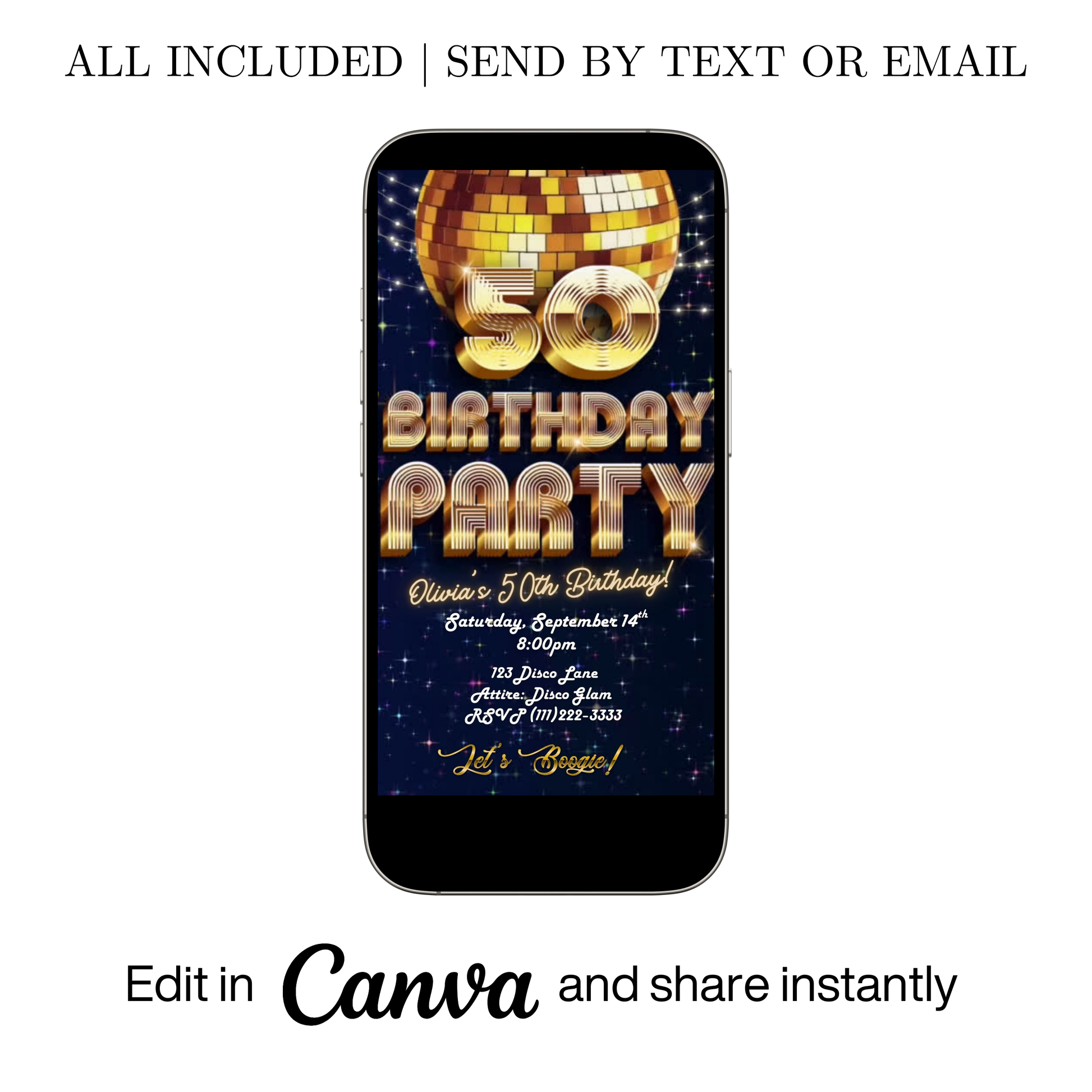 Editable gold disco 50th birthday video invitation displayed on a mobile phone, featuring an animated vertical digital invite with music, created in Canva. This premium video invitation template is designed for sharing by text, email, and social media and works with an interactive RSVP website for easy guest response tracking.
