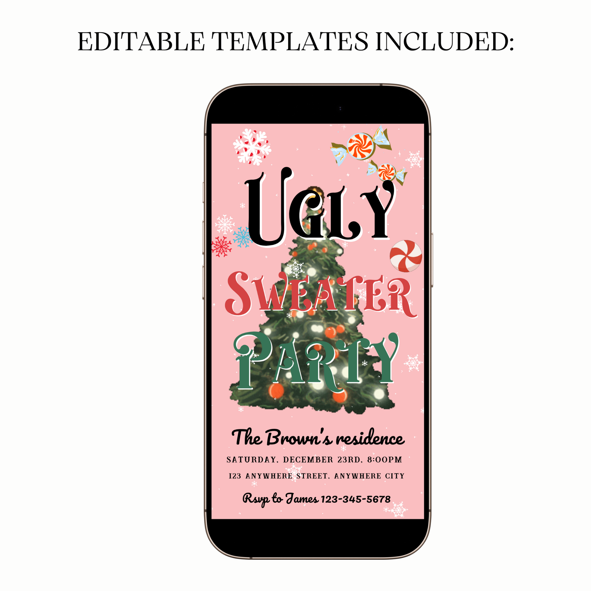 Holiday party digital invite in pink sweater style shared on WhatsApp