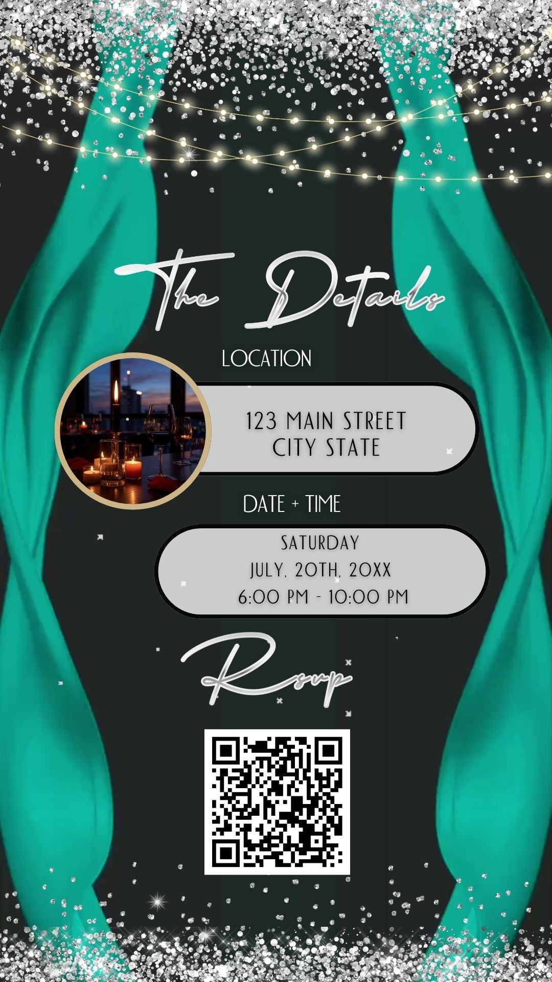 Editable teal red carpet 50th birthday video invitation displayed on a mobile phone, featuring an animated vertical digital invite with music, created in Canva. This premium video invitation template is designed for sharing by text, email, and social media and works with an interactive RSVP website for easy guest response tracking.
