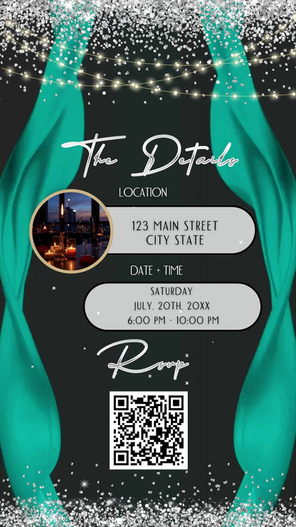 Editable teal red carpet 50th birthday video invitation displayed on a mobile phone, featuring an animated vertical digital invite with music, created in Canva. This premium video invitation template is designed for sharing by text, email, and social media and works with an interactive RSVP website for easy guest response tracking.