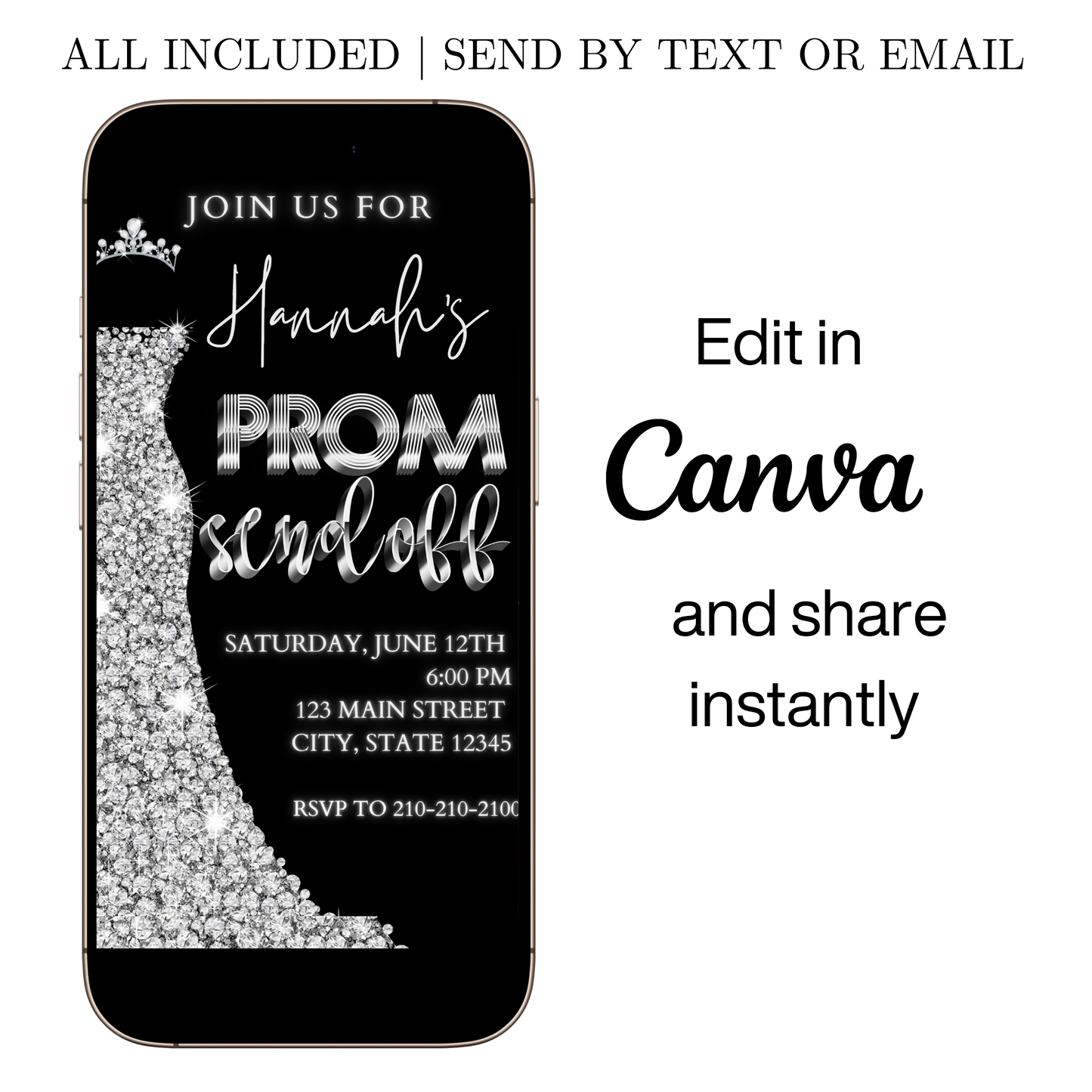 Editable black silver glam prom send off video invitation displayed on a mobile phone, featuring an animated vertical digital invite with music, created in Canva. This premium video invitation template is designed for sharing by text, email, and social media and works with an interactive RSVP website for easy guest response tracking.