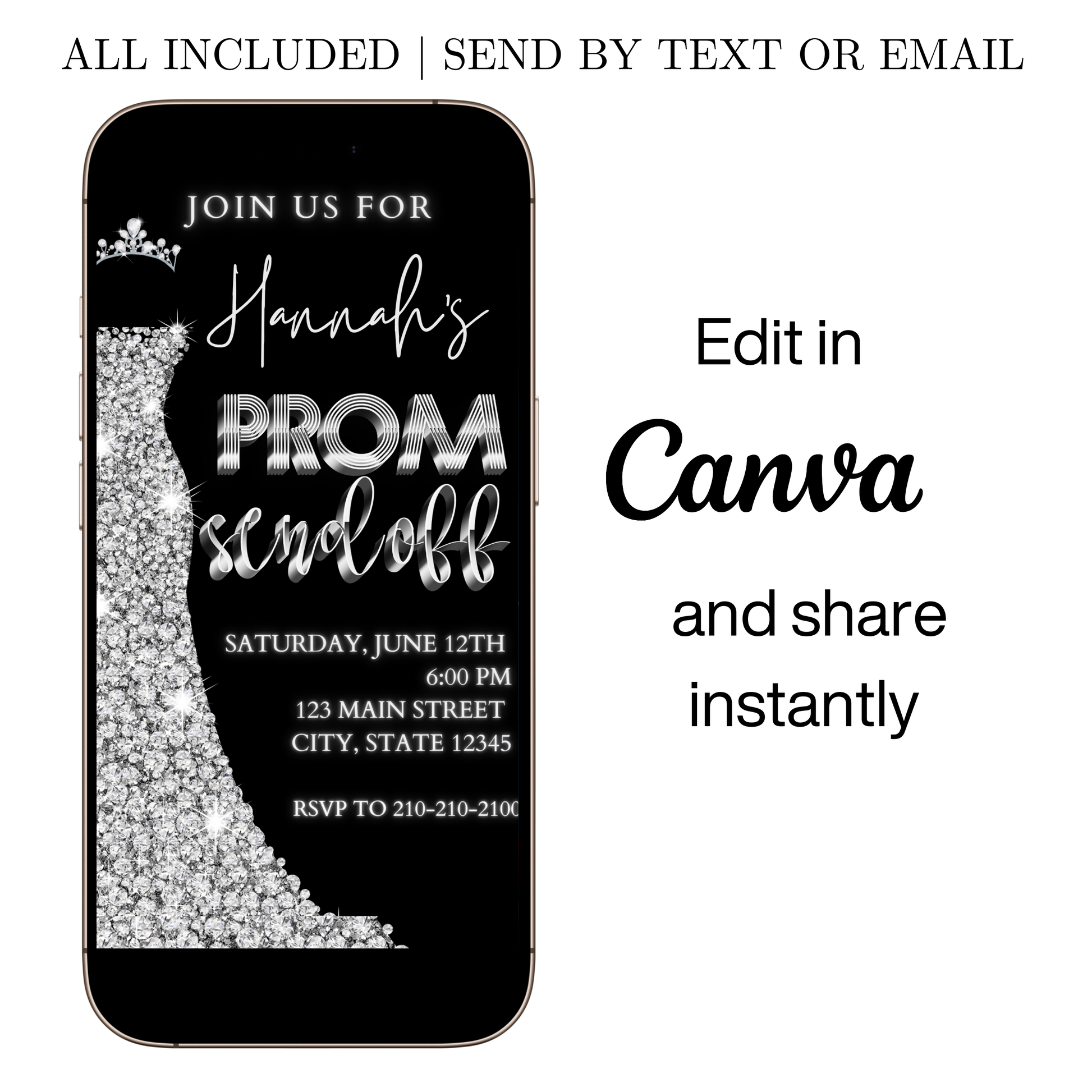 Editable black silver glam prom send off video invitation displayed on a mobile phone, featuring an animated vertical digital invite with music, created in Canva. This premium video invitation template is designed for sharing by text, email, and social media and works with an interactive RSVP website for easy guest response tracking.