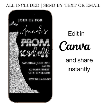 Editable black silver glam prom send off video invitation displayed on a mobile phone, featuring an animated vertical digital invite with music, created in Canva. This premium video invitation template is designed for sharing by text, email, and social media and works with an interactive RSVP website for easy guest response tracking.