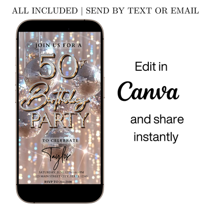 Editable silver disco ball 50th birthday video invitation displayed on a mobile phone, featuring an animated vertical digital invite with music, created in Canva. This premium video invitation template is designed for sharing by text, email, and social media and works with an interactive RSVP website for easy guest response tracking.