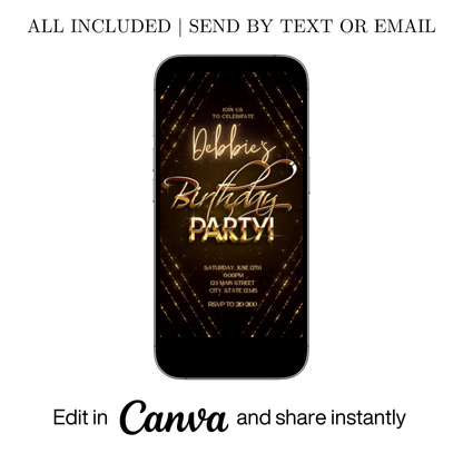 Editable gold glitter any age birthday video invitation displayed on a mobile phone, featuring an animated vertical digital invite with music, created in Canva. This premium video invitation template is designed for sharing by text, email, and social media and works with an interactive RSVP website for easy guest response tracking.