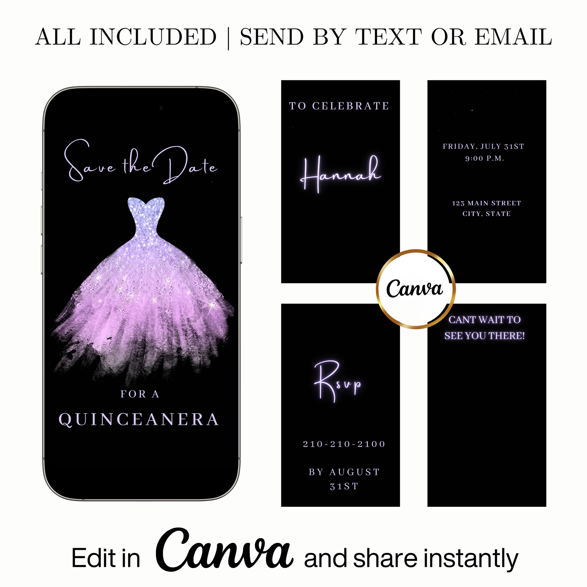 Editable purple glitter dress Quinceañera video invitation displayed on a mobile phone, featuring an animated vertical digital invite with music, created in Canva. This premium video invitation template is designed for sharing by text, email, and social media and works with an interactive RSVP website for easy guest response tracking.