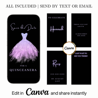 Editable purple glitter dress Quinceañera video invitation displayed on a mobile phone, featuring an animated vertical digital invite with music, created in Canva. This premium video invitation template is designed for sharing by text, email, and social media and works with an interactive RSVP website for easy guest response tracking.